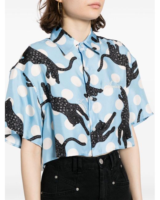 Amiri Blue Graphic-print Silk Cropped Shirt