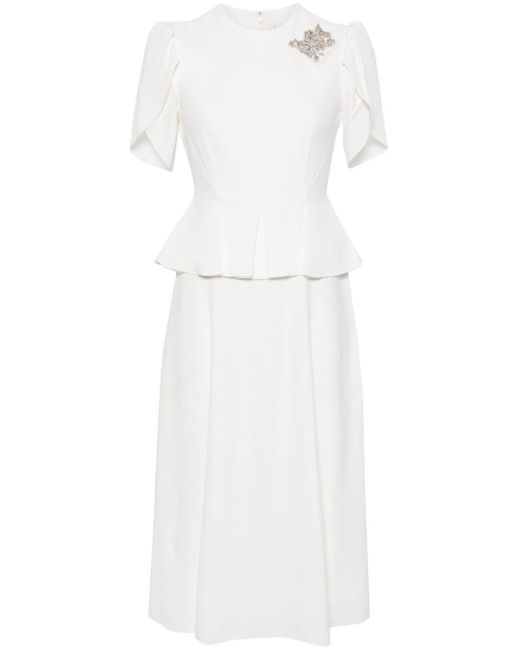 Erdem White Crystal-embellished Peplum-waist Midi Dress
