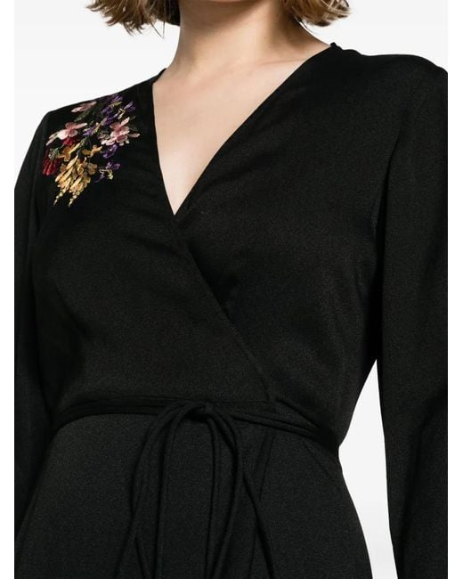 Twinset Black Floral-Embroidered Crepe Wrap Dress