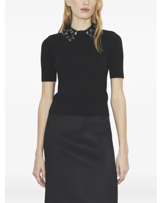 Tory Burch Black Embellished-Collar Short-Sleeve Top