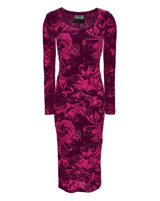 Versace Jeans Couture Purple Baroque-Print Long-Sleeve Midi Dress