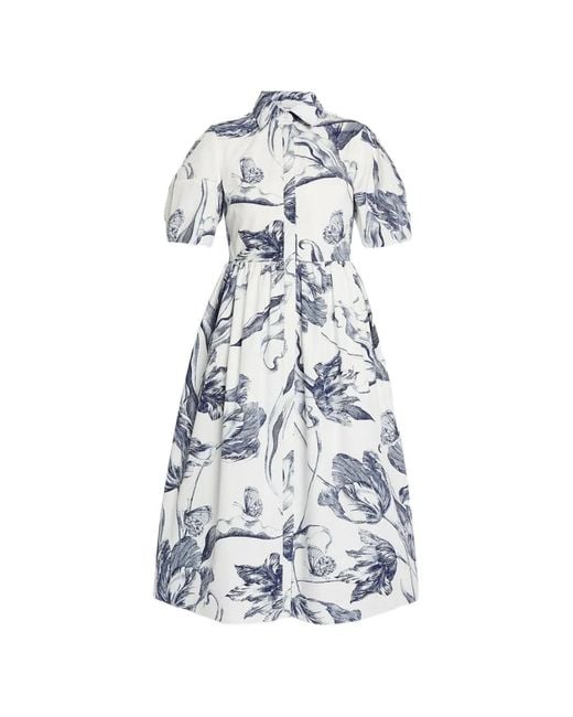 Erdem Blue Floral-Print Short-Sleeve Midi Shirt Dress
