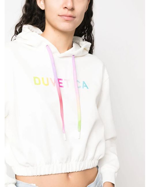 Duvetica White Logo-Print Cropped Hoodie