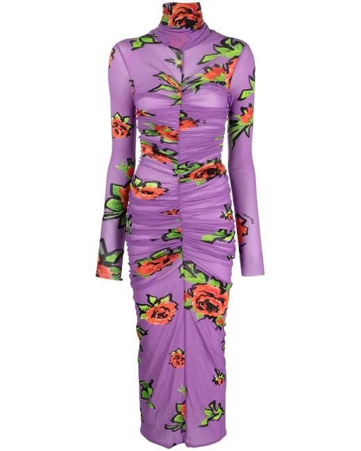 Philosophy Di Lorenzo Serafini Purple Ruched Floral-Print Tulle Dress