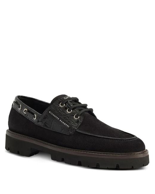 Giuseppe Zanotti Black Crocodile-Effect Suede Lace-Up Boat Shoes for men