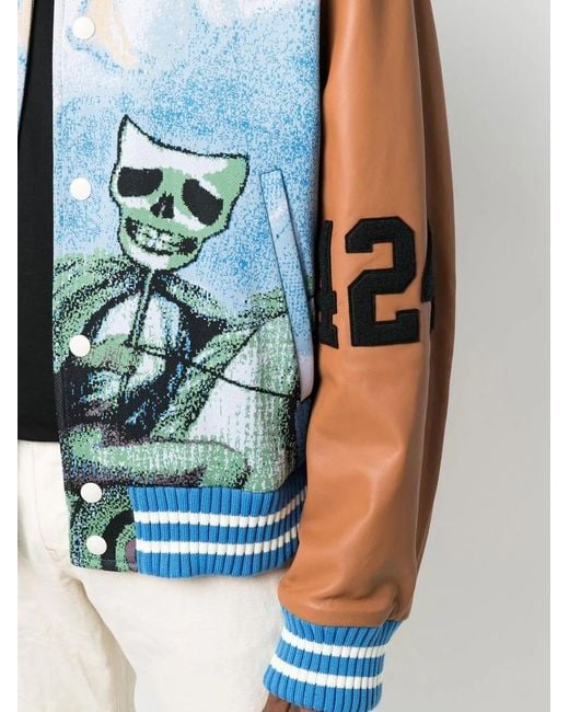 424 Blue Jacquard-Print Leather-Sleeve Bomber Jacket for men