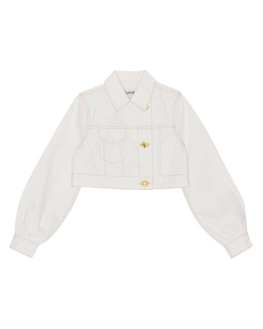 Ganni White Cropped-Jeansjacke mit versetztem Knopfverschluss