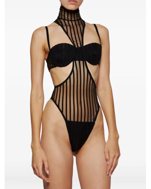 LAQUAN SMITH Black Mock-Neck Striped Bodysuit