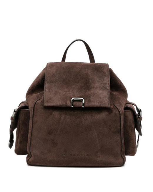 Brunello Cucinelli Brown Sartorial Suede-Finish Buckle-Fastening Backpack