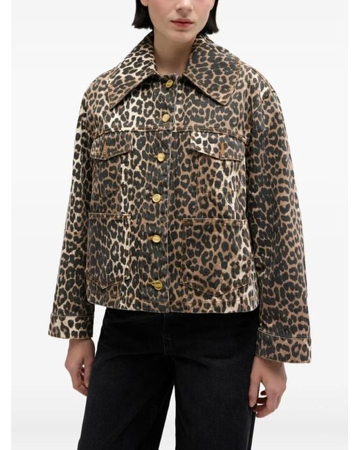 Ganni Brown Leopard-Print Button Denim Jacket