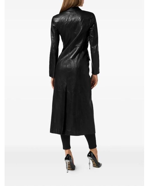 Philipp Plein Black Double-Breasted Leather Coat