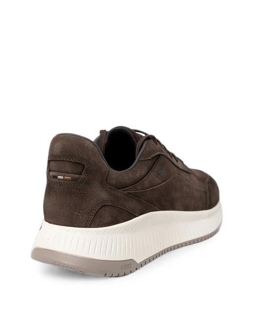 Boss Brown Perforated-Detail Suede Sneakers for men