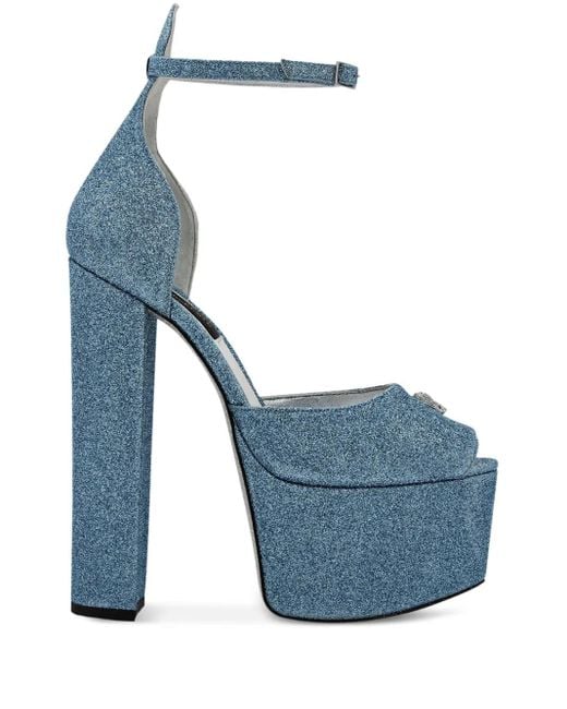 Philipp Plein Blue Glitter Platform Pumps