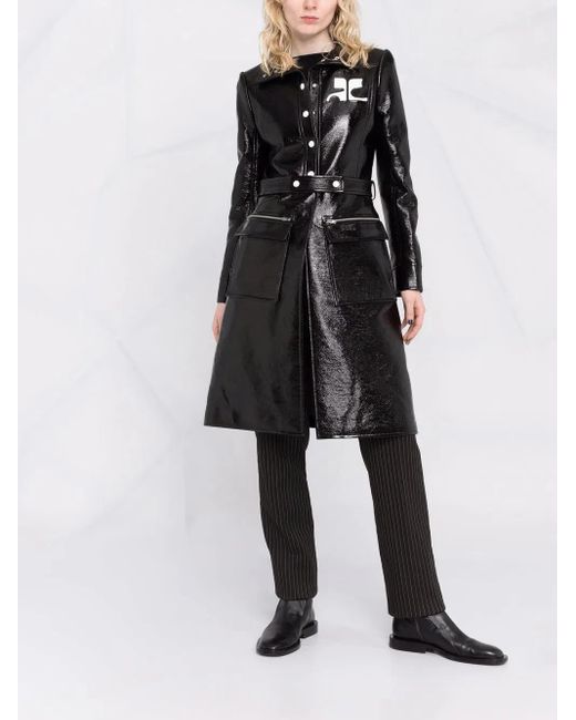 Courreges Black Logo-Print Lacquered-Effect Trench Coat