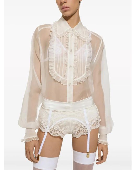 Dolce & Gabbana White Ruffled Sheer Cotton Blouse
