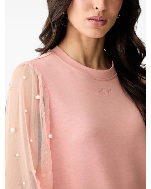 Karl Lagerfeld Pink Pearl-Embellished Tulle-Sleeve Sweatshirt