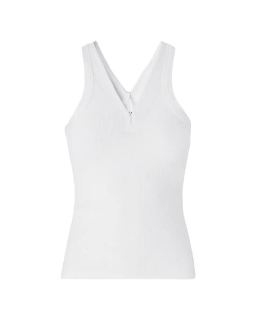 Pinko White Rib-Knit Tank Top With V-Neck And Logo