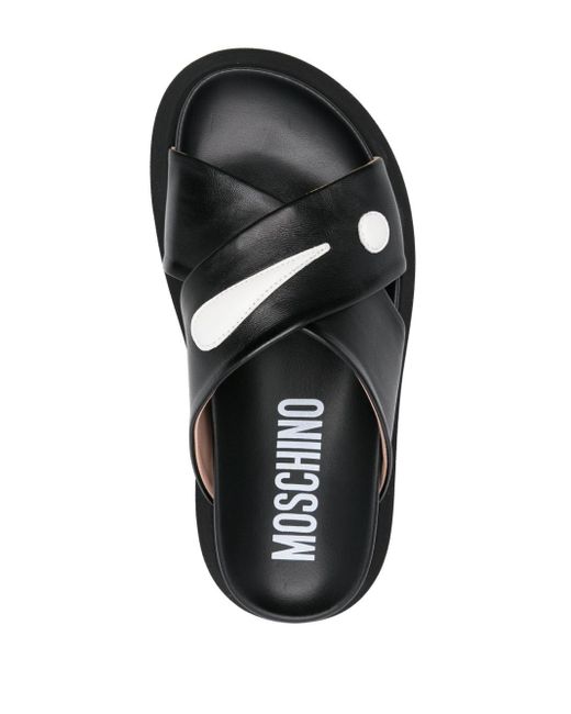 Moschino Black Patch-detail Leather Slides
