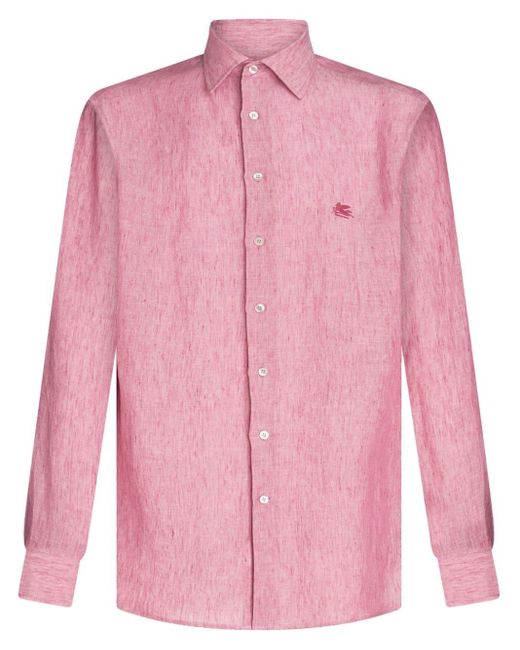 Etro Pink Pegaso-Embroidered Linen Shirt for men