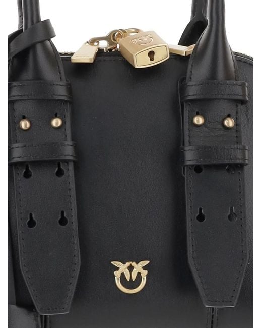 Pinko Black Mini Escape Love Birds Padlock Leather Tote Bag