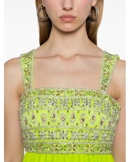 Dina Melwani Green Crystal-Embellished Empire-Waist Maxi Dress
