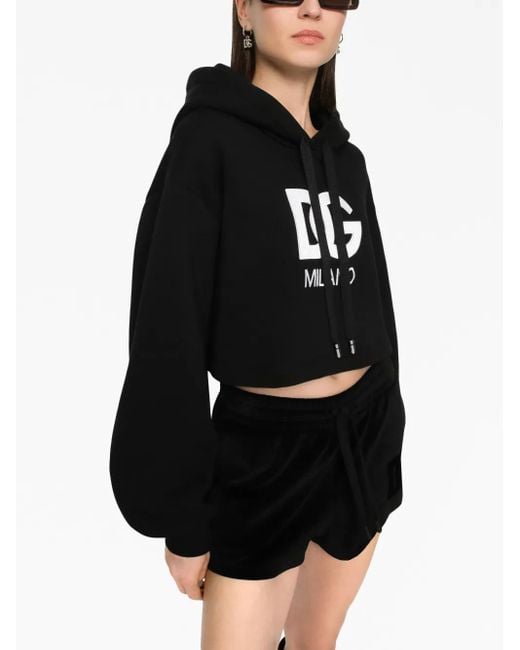 Dolce & Gabbana Black Cropped Jersey Hoodie With Embroidered Dg Patch