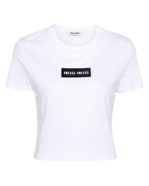 Camiseta con logo de lentejuelas Miu Miu de color White