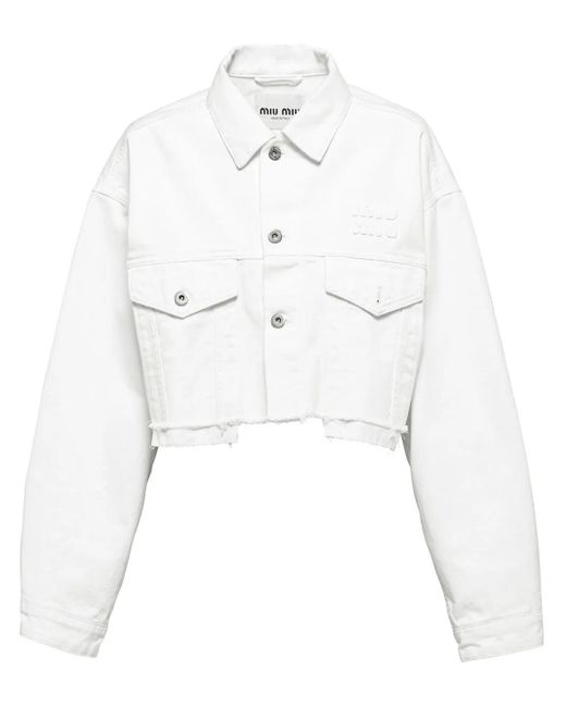 Miu Miu White Embroidered-Logo Cropped Denim Jacket