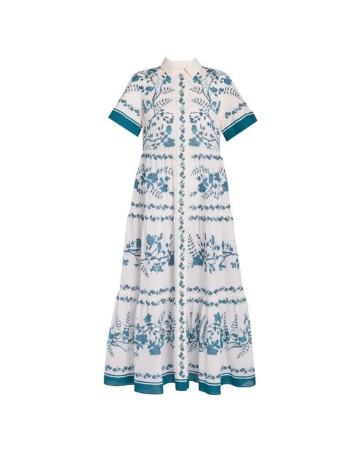 Erdem Blue Botanical-Print Tiered Maxi Shirt-Dress