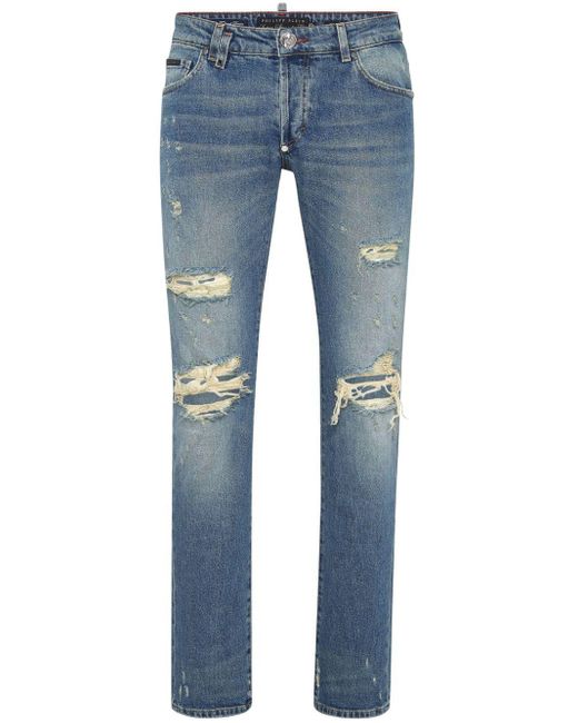 Philipp Plein Blue Ripped-detail Skinny Jeans for men