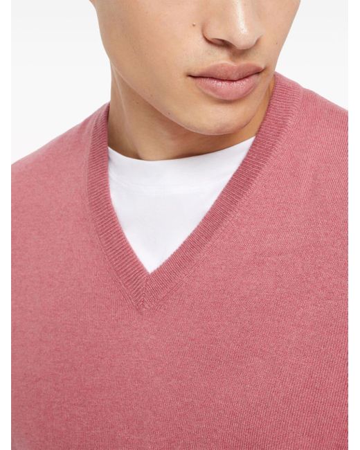 Brunello Cucinelli Pink V-neck Fine-knit Cashmere Jumper for men