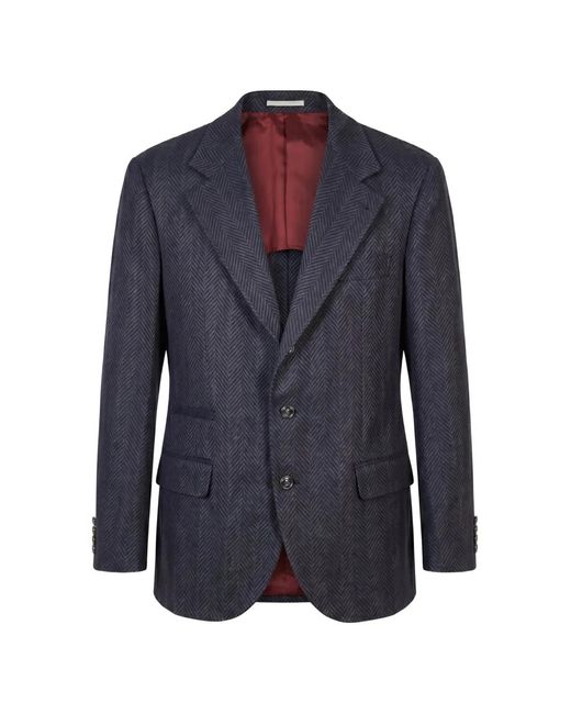 Brunello Cucinelli Blue Herringbone-Weave Blazer for men
