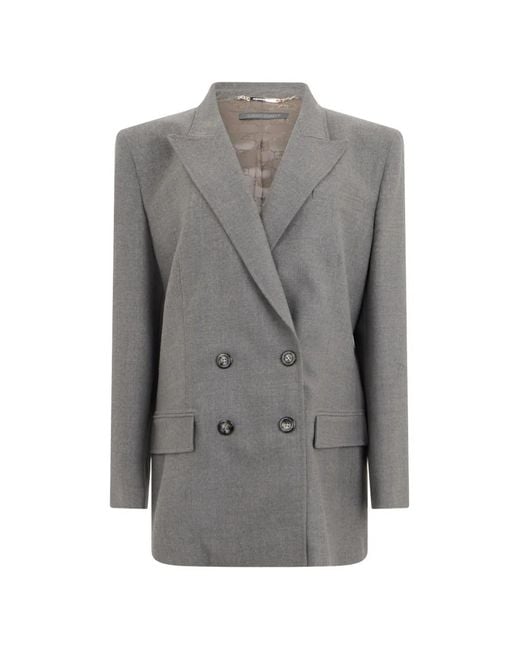 Alberta Ferretti Gray Double-Breasted Structured-Shoulder Blazer