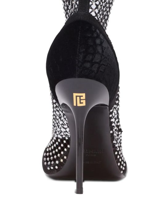Balmain Black Rhinestone-Embellished Mesh Ankle Boots
