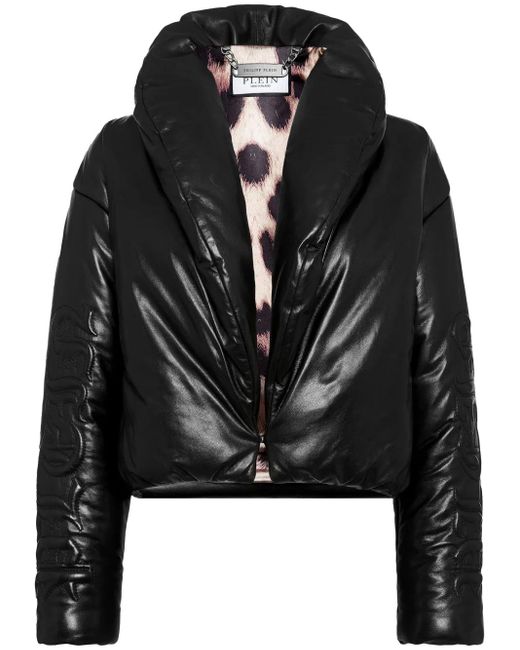 Philipp Plein Black Skull & Bones Leather Biker Jacket