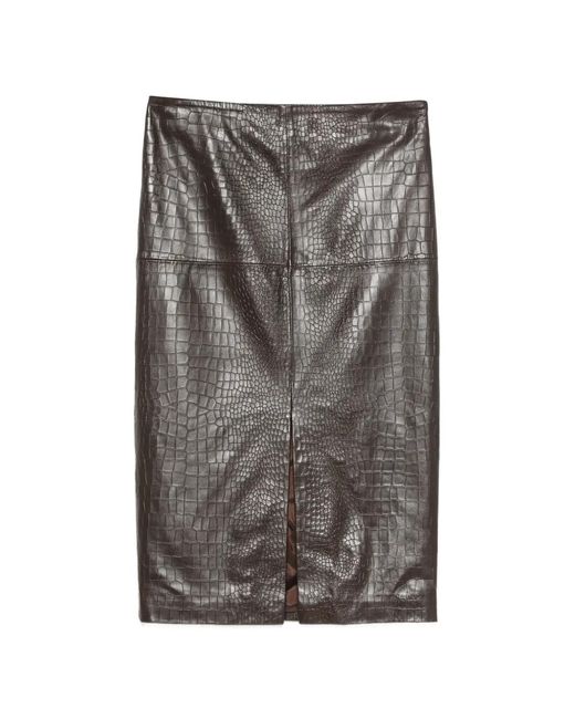 FEDERICA TOSI Gray Crocodile-Effect Leather Midi Skirt