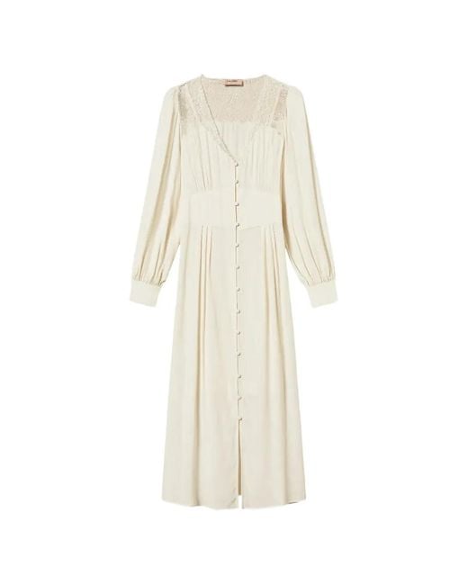 Twinset White Long Jacquard Dress With Lace