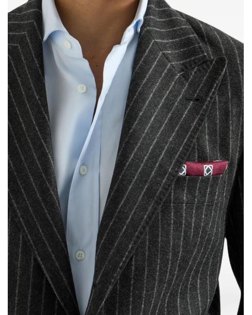 Brunello Cucinelli Black Virgin Wool And Cashmere Chalk Stripe Flannel Deconstructed Blazer With Large Peak Lapels And Metal Buttons for men