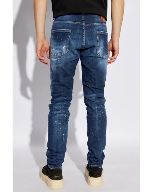 DSquared² Blue Cotton And Patent Leather Slim-Fit Jeans for men
