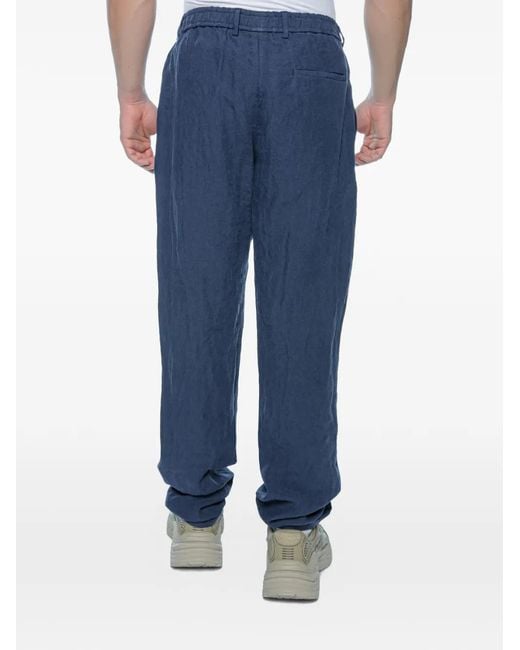 Emporio Armani Blue Elasticated-Waistband Linen Trousers for men