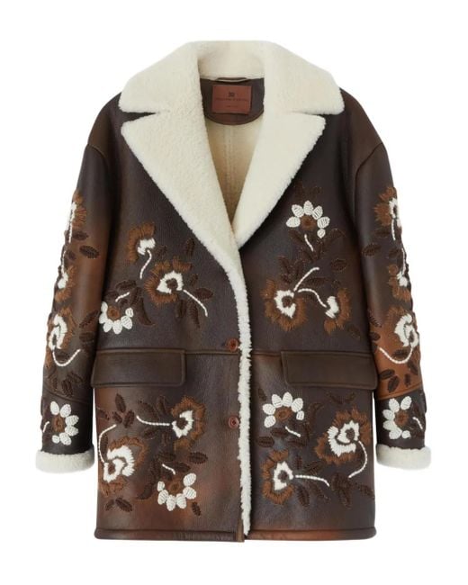 Floral-Embroidery Shearling Coat Ermanno Scervino en coloris Black