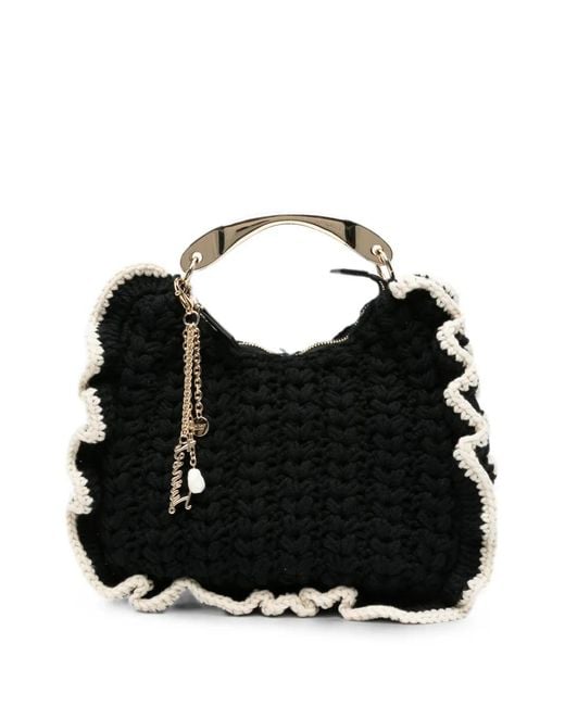 Twinset Black Crochet Ruffled-Trim Tote Bag