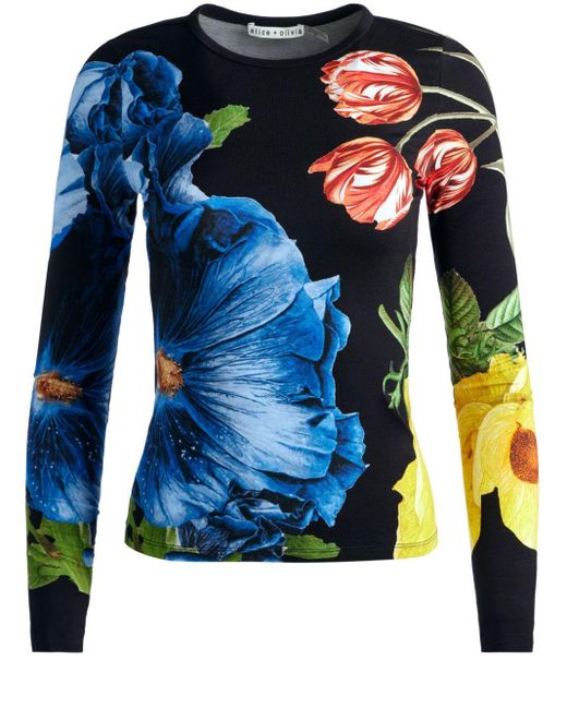 Alice + Olivia Blue Delaina Floral-Print Long-Sleeve Top