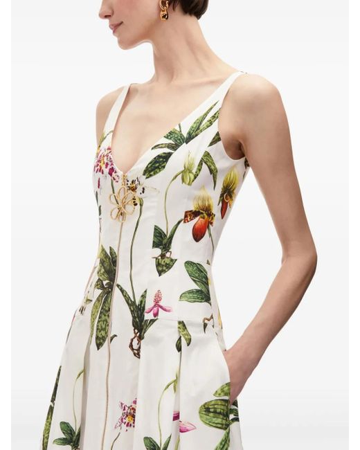 Oscar de la Renta White Orchid Zip-Front Poplin Dress