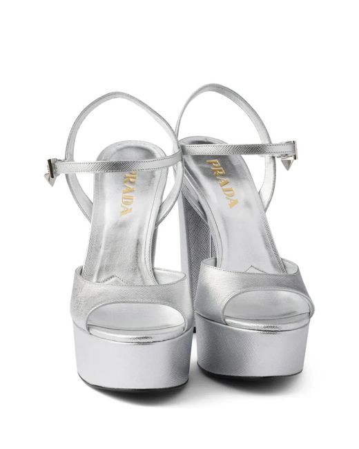 Prada White Metallic-Finish Leather Platform Sandals