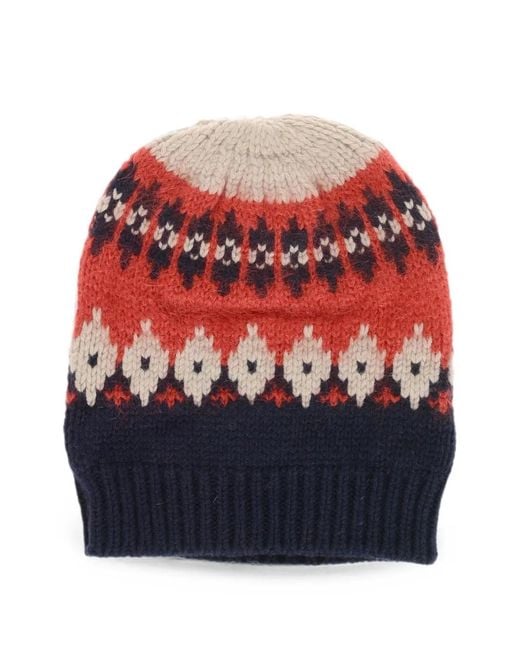 DSquared² Red Fair Isle Logo-Patch Beanie Hat for men