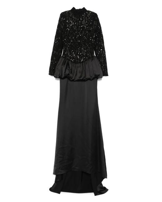 Nissa Black Sequin-Embellished Lace Gown