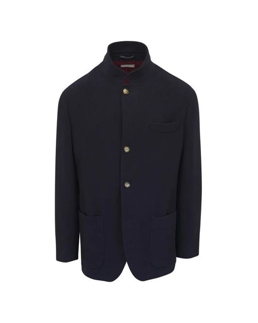 Brunello Cucinelli Blue Mandarin-Collar Coat for men