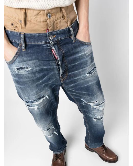 DSquared² Blue Double-Waist Distressed Jeans for men