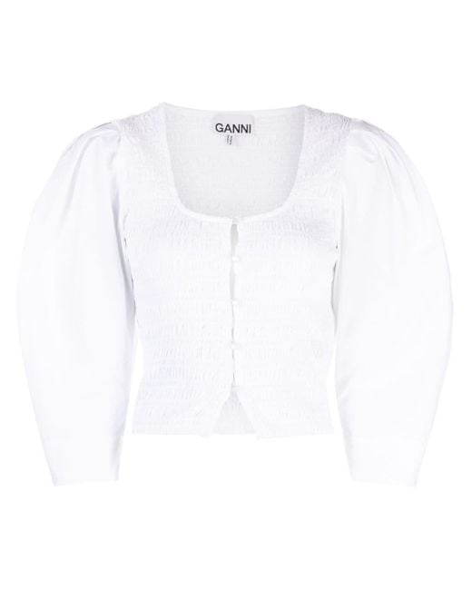 Blouse en coton à fronces Ganni en coloris White